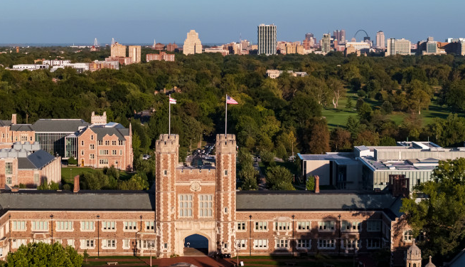 Aerial view of Brookings Hall, the East End, Forest Park, the Medical Campus and downtown St. Louis